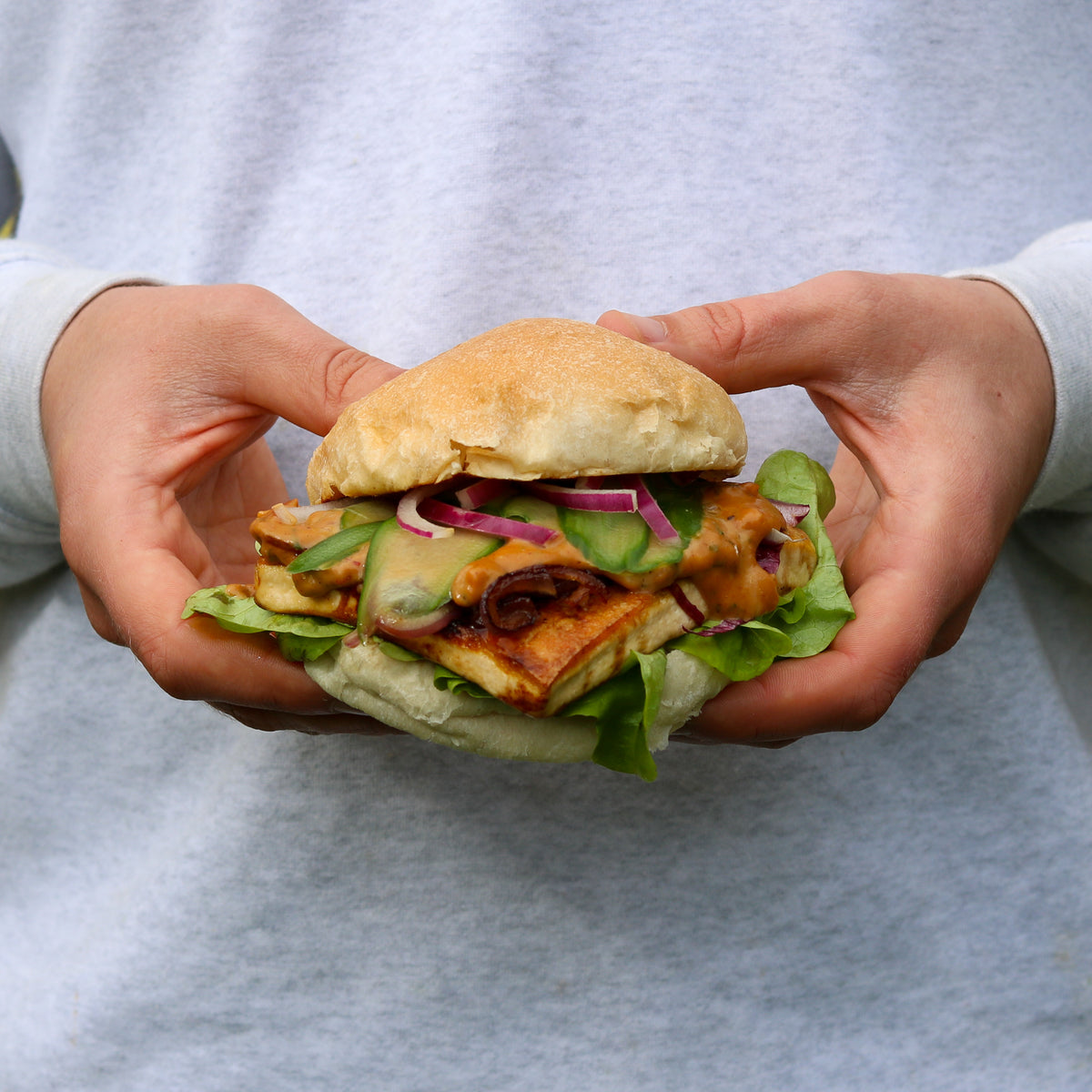 Satay Tofu Burger with Saint Phillip Apostle Hot Sauce