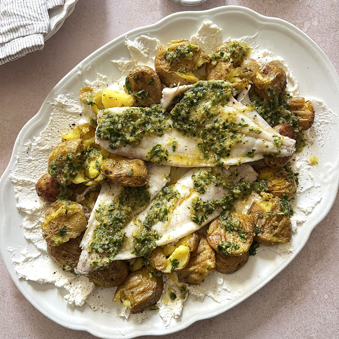 Tray Baked Fish & Baby Potatoes with Lemon Yoghurt & Saint Peter Butter Verde Sauce