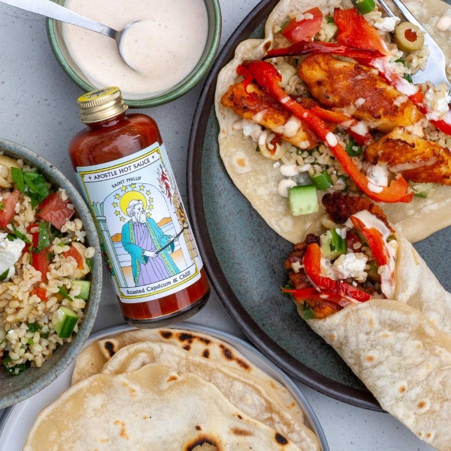 Chicken and Tabbouleh Wrap with Roasted Capsicum Hot Sauce 